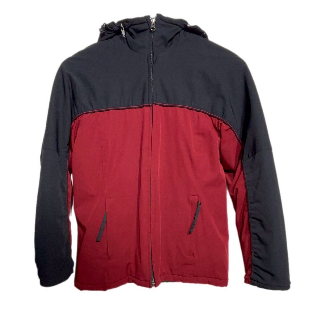 Eddie Bauer Red And Black Lined Rain Jacket Detachable Hoodie Size Small